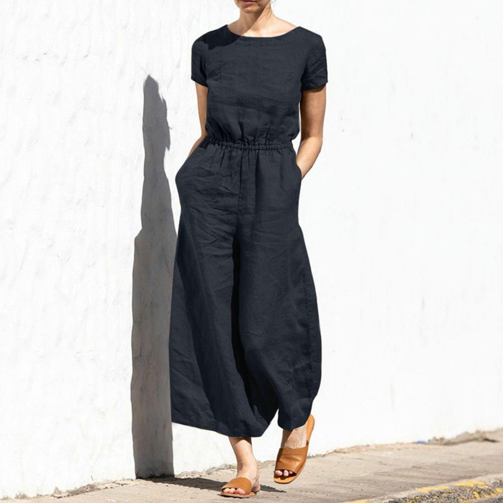 Women's Summer Jumpsuit with Wide Legs and Solid Color Crew Neck