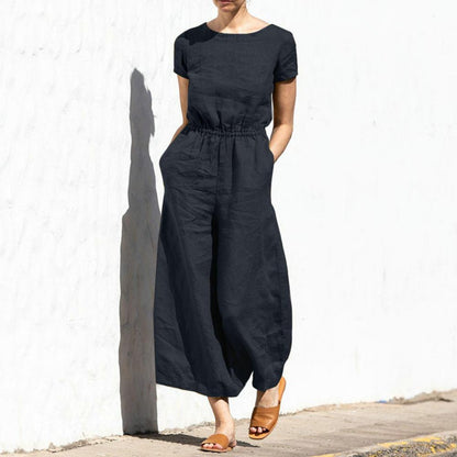 Women's Summer Jumpsuit with Wide Legs and Solid Color Crew Neck