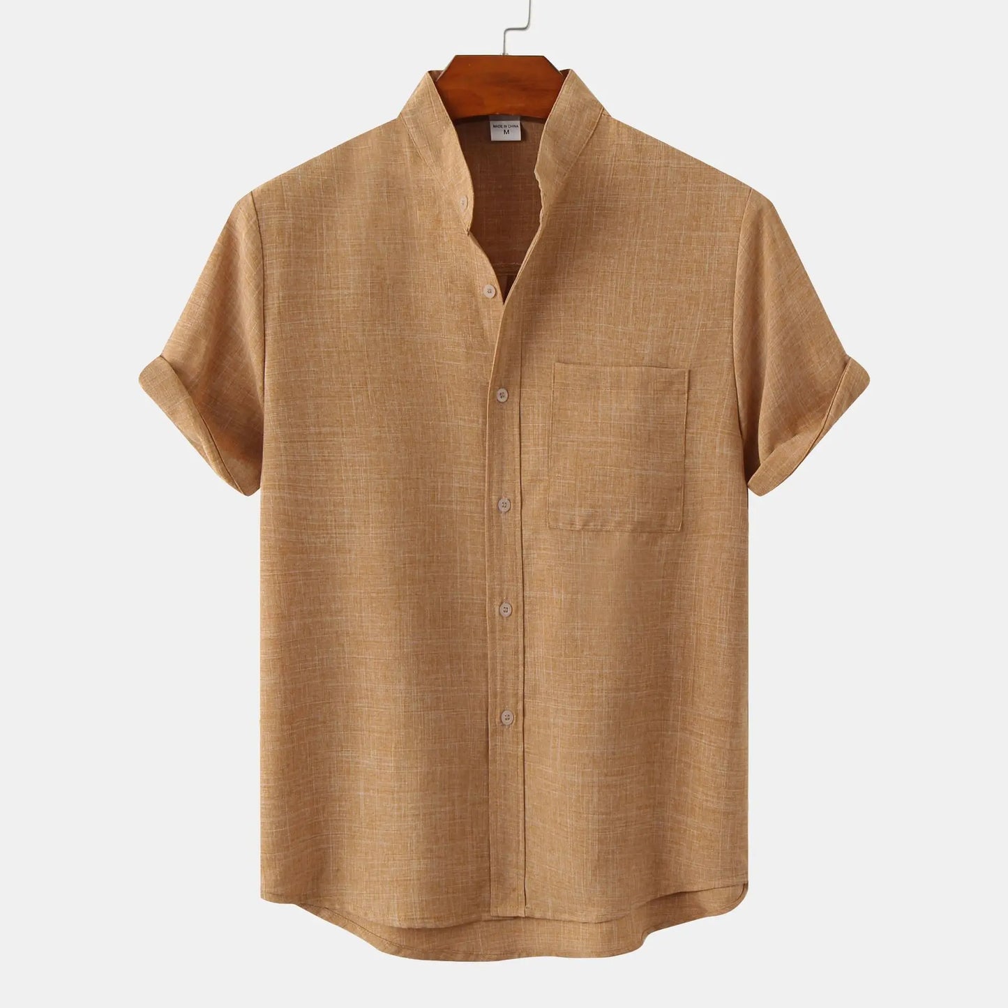 Camicia Estiva da Uomo in Misto Lino a Maniche Corte Senza Colletto con Bottoni