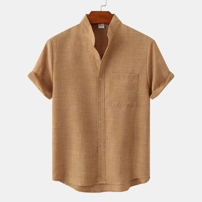 Camicia Estiva da Uomo in Misto Lino a Maniche Corte Senza Colletto con Bottoni