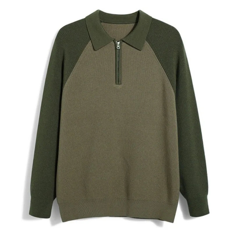 Herre business sweater med lynlås, polo-krave og raglanærmer – Strikstil