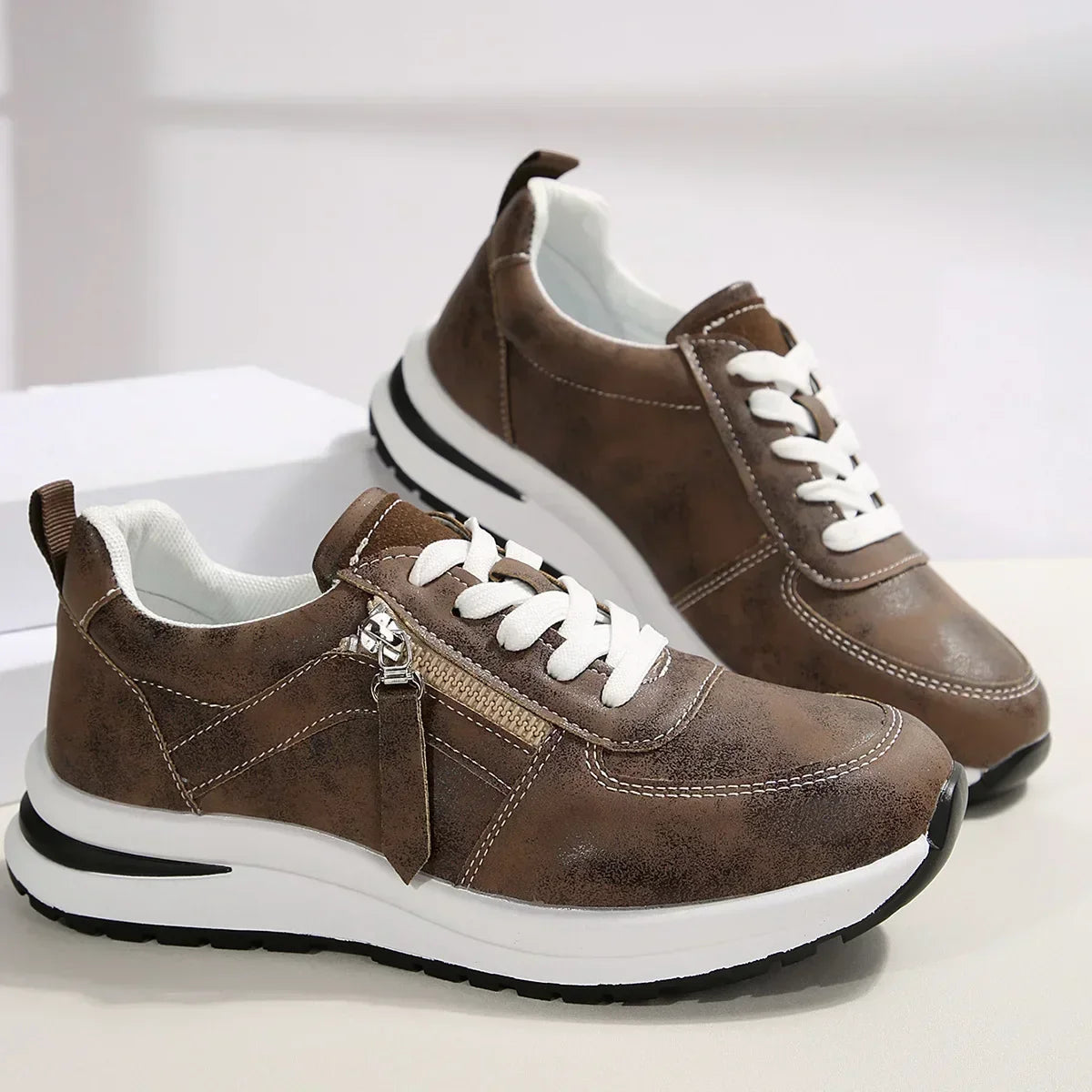 Women's Platform Sneakers with Laces and Side Zipper – Supportive Sole