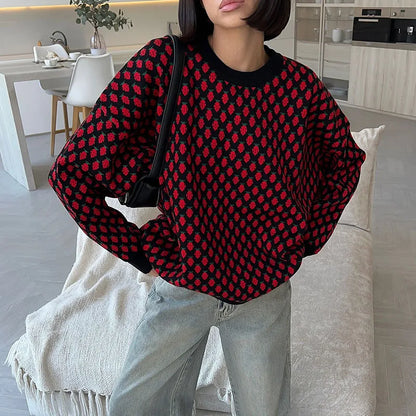 Maglione Donna Oversize con Stampa Fragole e Girocollo – Stile Casual