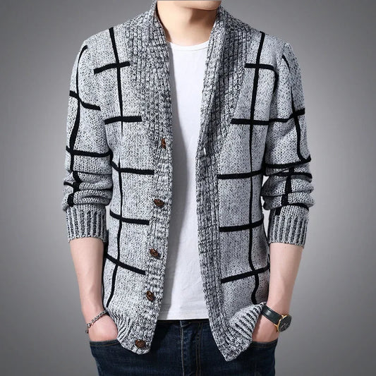 Men's Knit Cardigan with Grid Pattern, Button Closure and Ribbed Edges – Knit Style