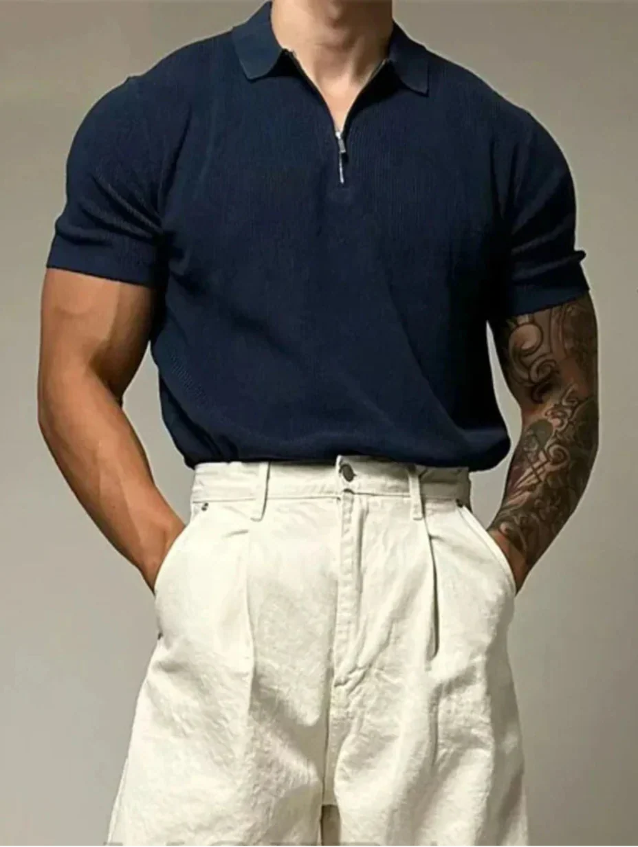 Polo Estiva da Uomo Mezza Zip Maniche Corte Colletto a Rever Vestibilità Comoda