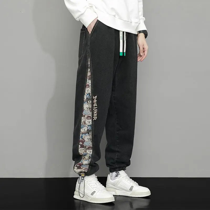 Men's Denim Style Jogger Pants with Bear Print – Comfortable Fit