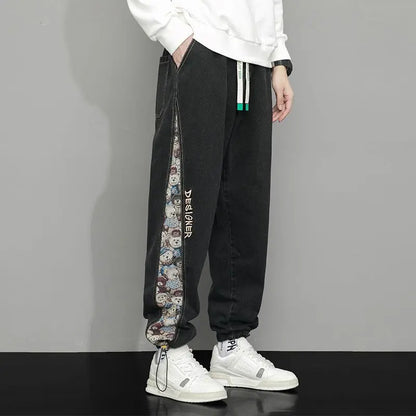 Men's Denim Style Jogger Pants with Bear Print – Comfortable Fit