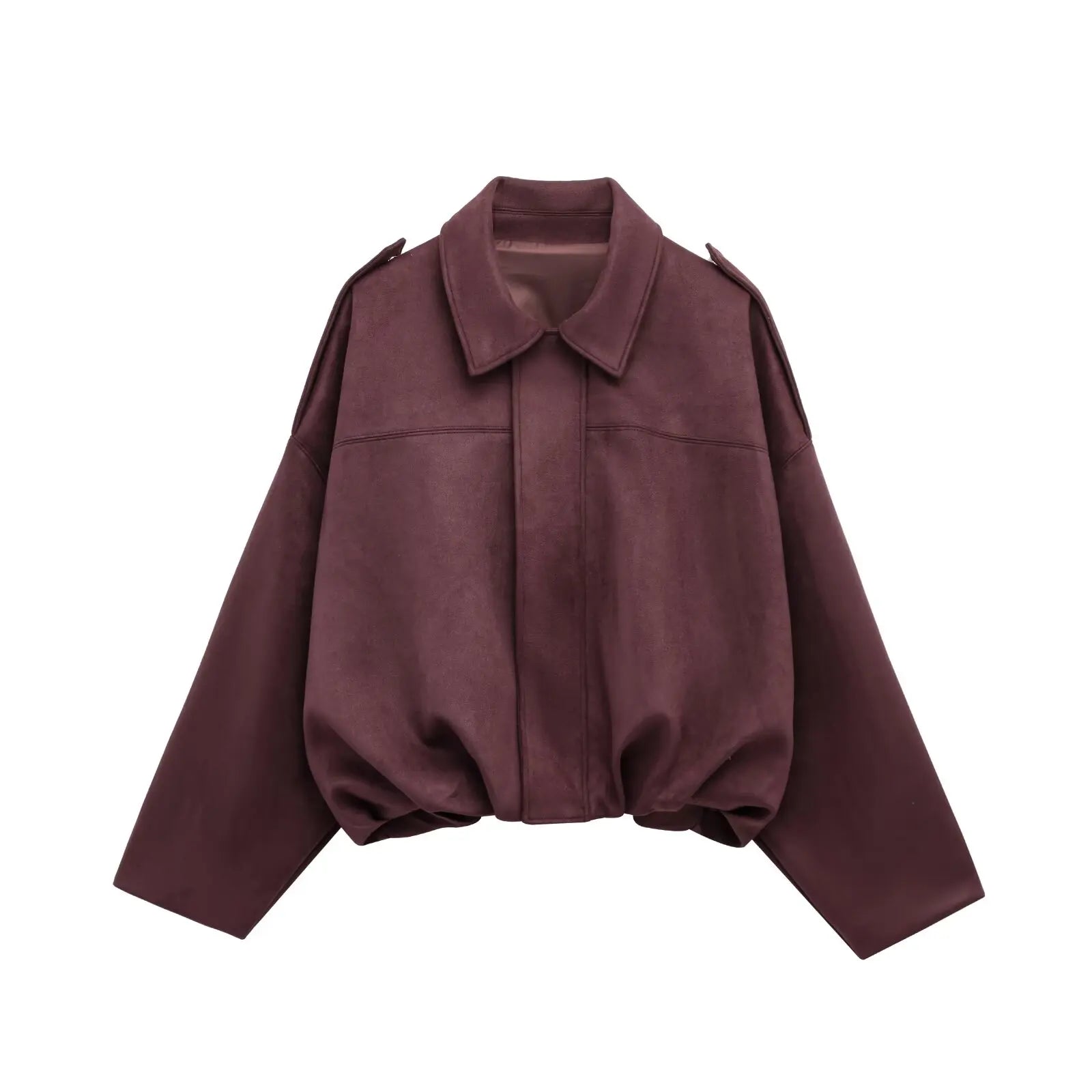 Giacca oversize in pelle scamosciata marrone, design moderno con colletto classico e maniche lunghe. Moda autunno inverno, abbigliamento donna elegante.
