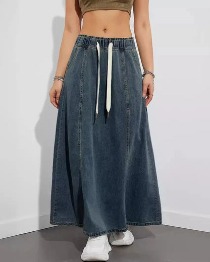 Gonna Maxi Donna con Vita Elasticizzata, Coulisse e Tasche Laterali – Misto Denim