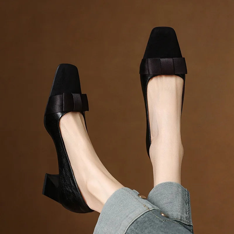 Women's Low Block Heel Pumps with Front Bow and Padded Insole – Elegant Shoes