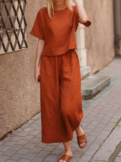Women's Summer Two-Piece Set – Crew Neck T-Shirt & Wide-Leg Pants