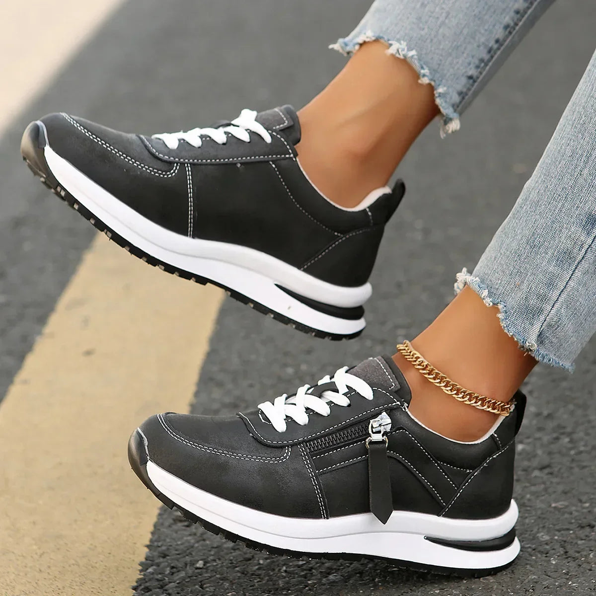 Women's Platform Sneakers with Laces and Side Zipper – Supportive Sole