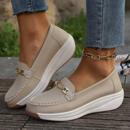 Women's Moccasins with Platform and Gold Detail – Slip-On with Flexible Sole