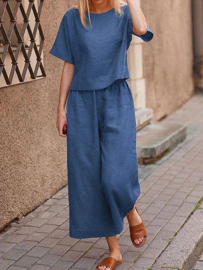 Women's Summer Two-Piece Set – Crew Neck T-Shirt & Wide-Leg Pants