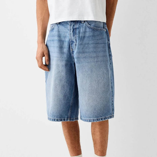 Men's Bermuda Shorts in Denim Blend Baggy Fit Below the Knee with Vintage Wash Effect