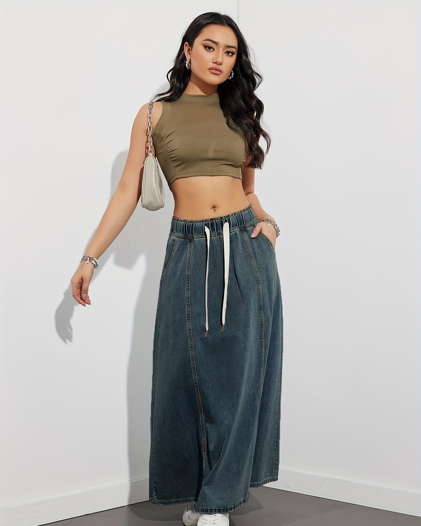 Gonna Maxi Donna con Vita Elasticizzata, Coulisse e Tasche Laterali – Misto Denim