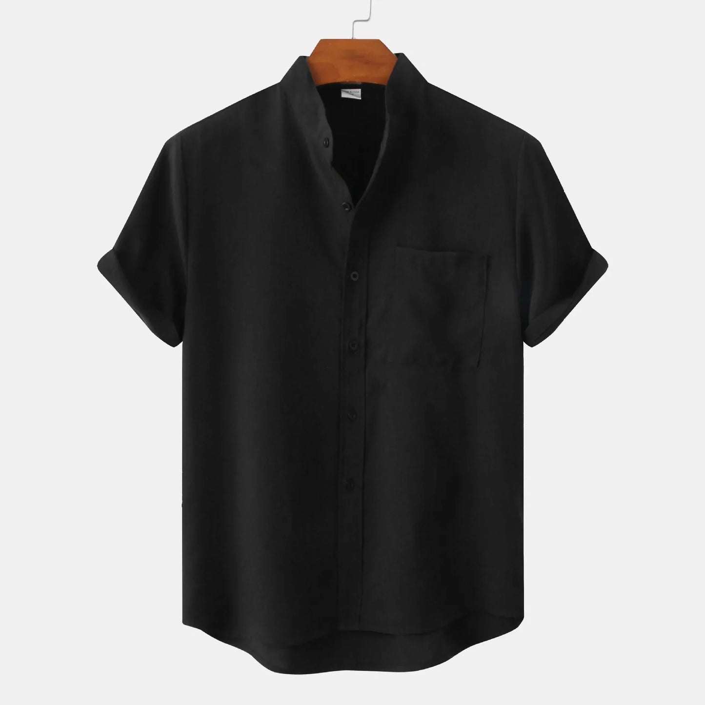Camicia Estiva da Uomo in Misto Lino a Maniche Corte Senza Colletto con Bottoni