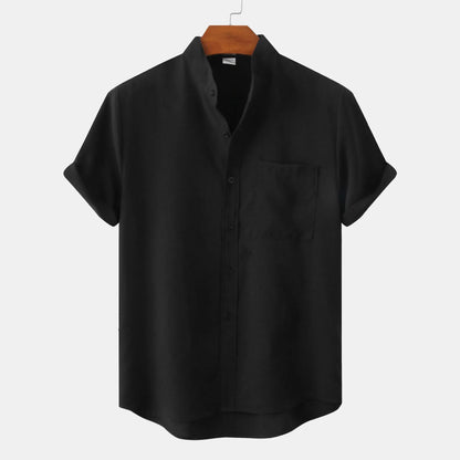 Camicia Estiva da Uomo in Misto Lino a Maniche Corte Senza Colletto con Bottoni