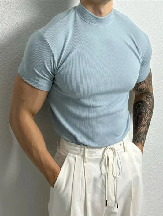 Men's Short Sleeve T-Shirt with Mid-High Collar, Quick Dry, Sweat Absorption, Slim Fit