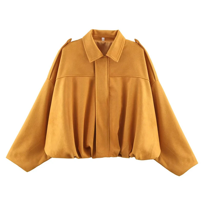 Giacca oversize donna color senape, design moderno con spalle larghe e colletto classico. Moda autunno, stile casual chic.