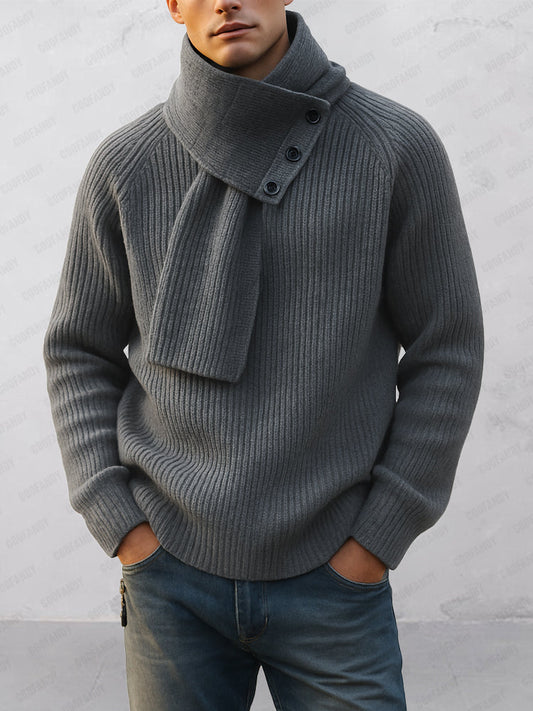 Men's Sweater with Detachable Scarf Set Crew Neck Raglan Sleeves