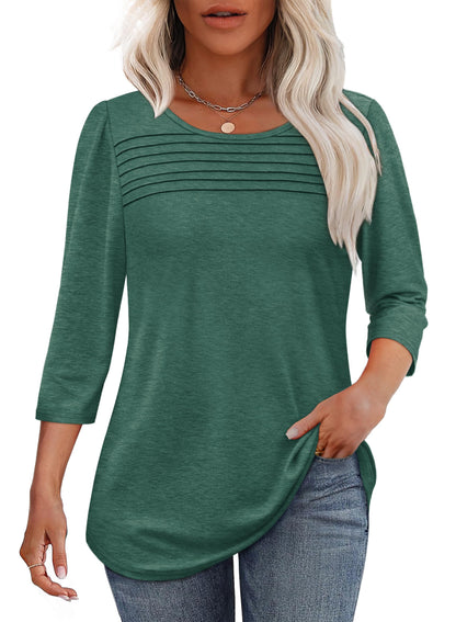 Maglia Donna Manica 3/4 Pieghe Davanti Scollo Arrotondato Orlo Curvo