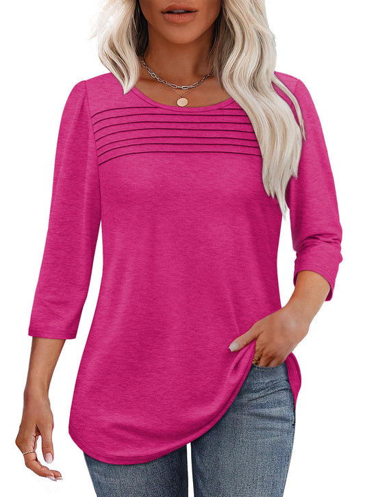 Women's 3/4 Sleeve Top with Front Pleats, Rounded Neckline, and Curved Hem