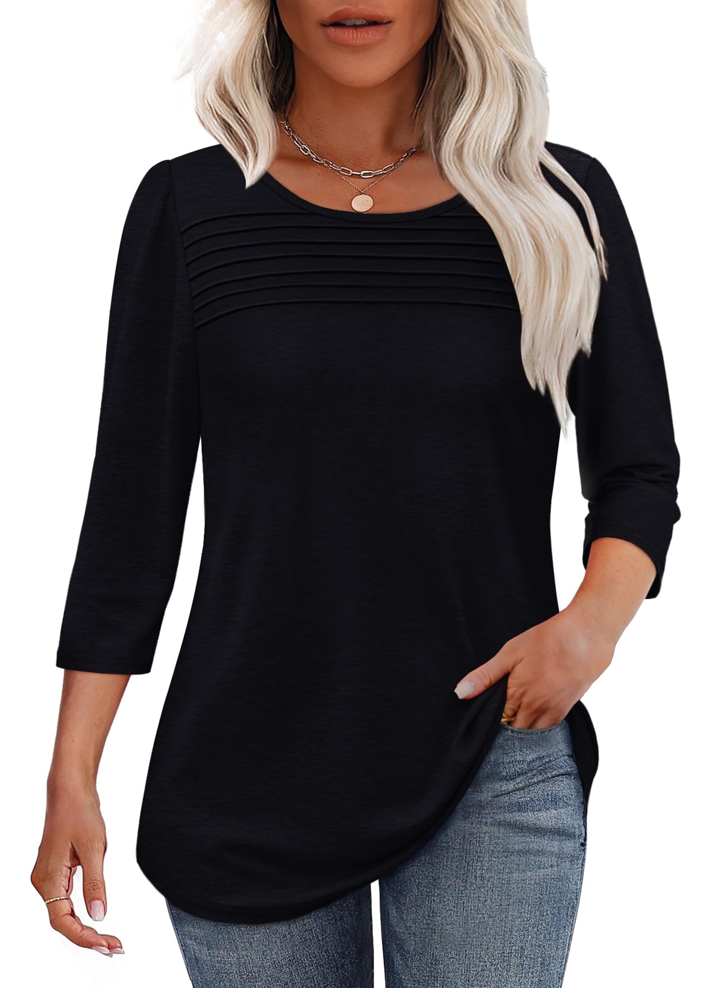 Maglia Donna Manica 3/4 Pieghe Davanti Scollo Arrotondato Orlo Curvo