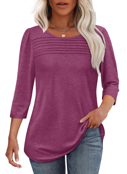 Maglia Donna Manica 3/4 Pieghe Davanti Scollo Arrotondato Orlo Curvo