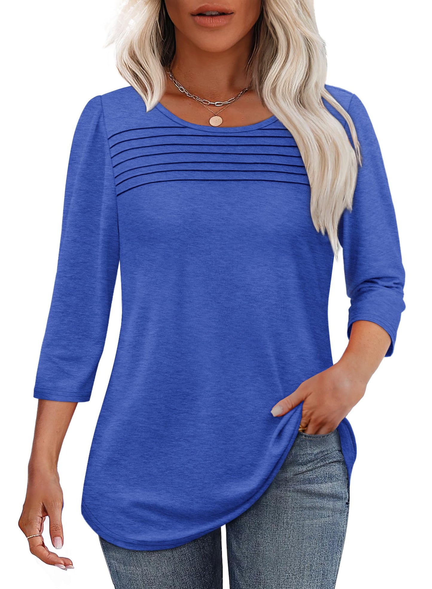 Maglia Donna Manica 3/4 Pieghe Davanti Scollo Arrotondato Orlo Curvo