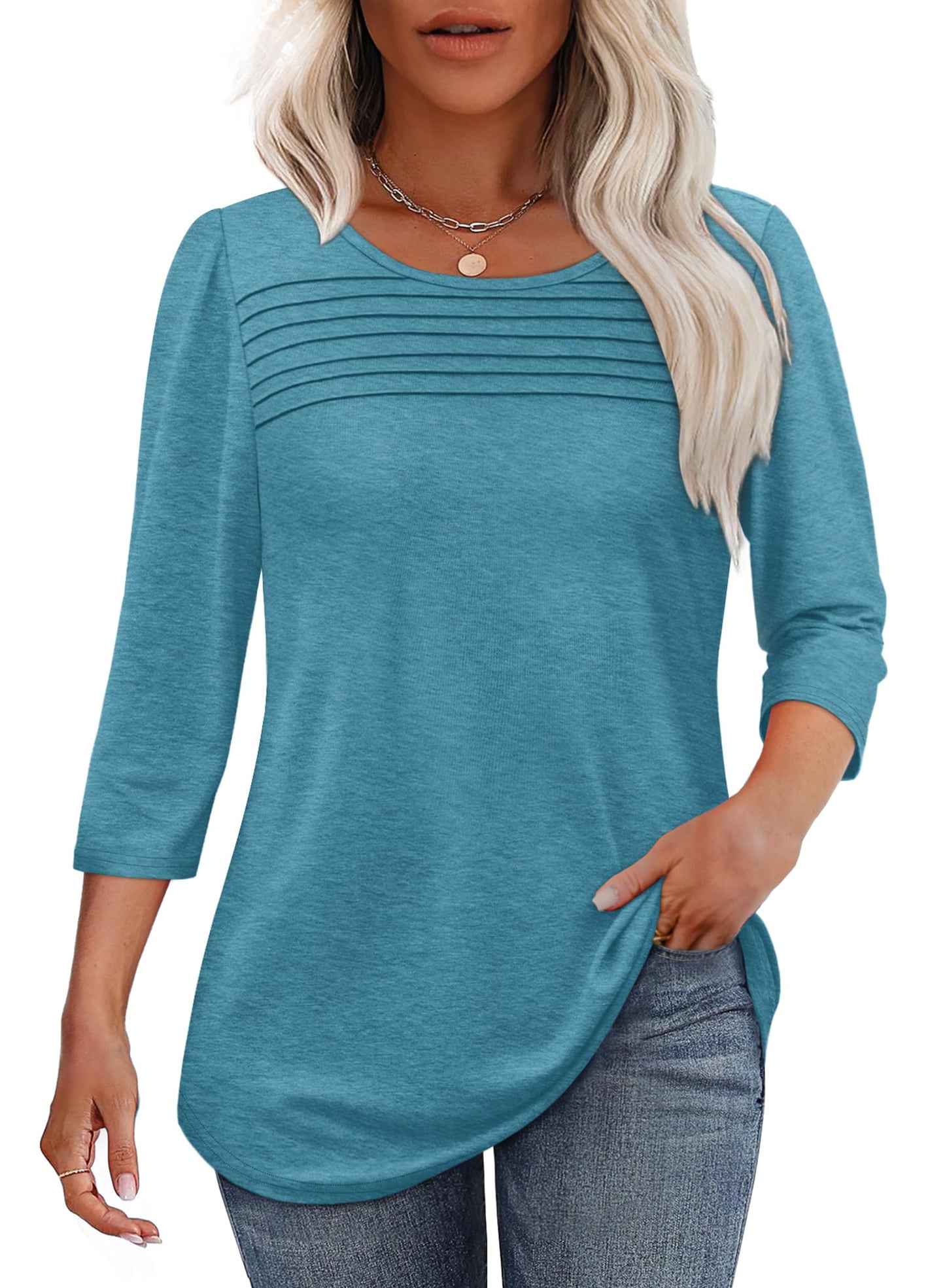 Maglia Donna Manica 3/4 Pieghe Davanti Scollo Arrotondato Orlo Curvo