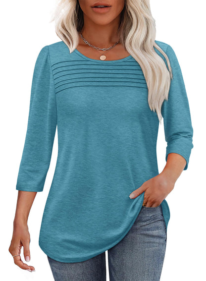 Maglia Donna Manica 3/4 Pieghe Davanti Scollo Arrotondato Orlo Curvo