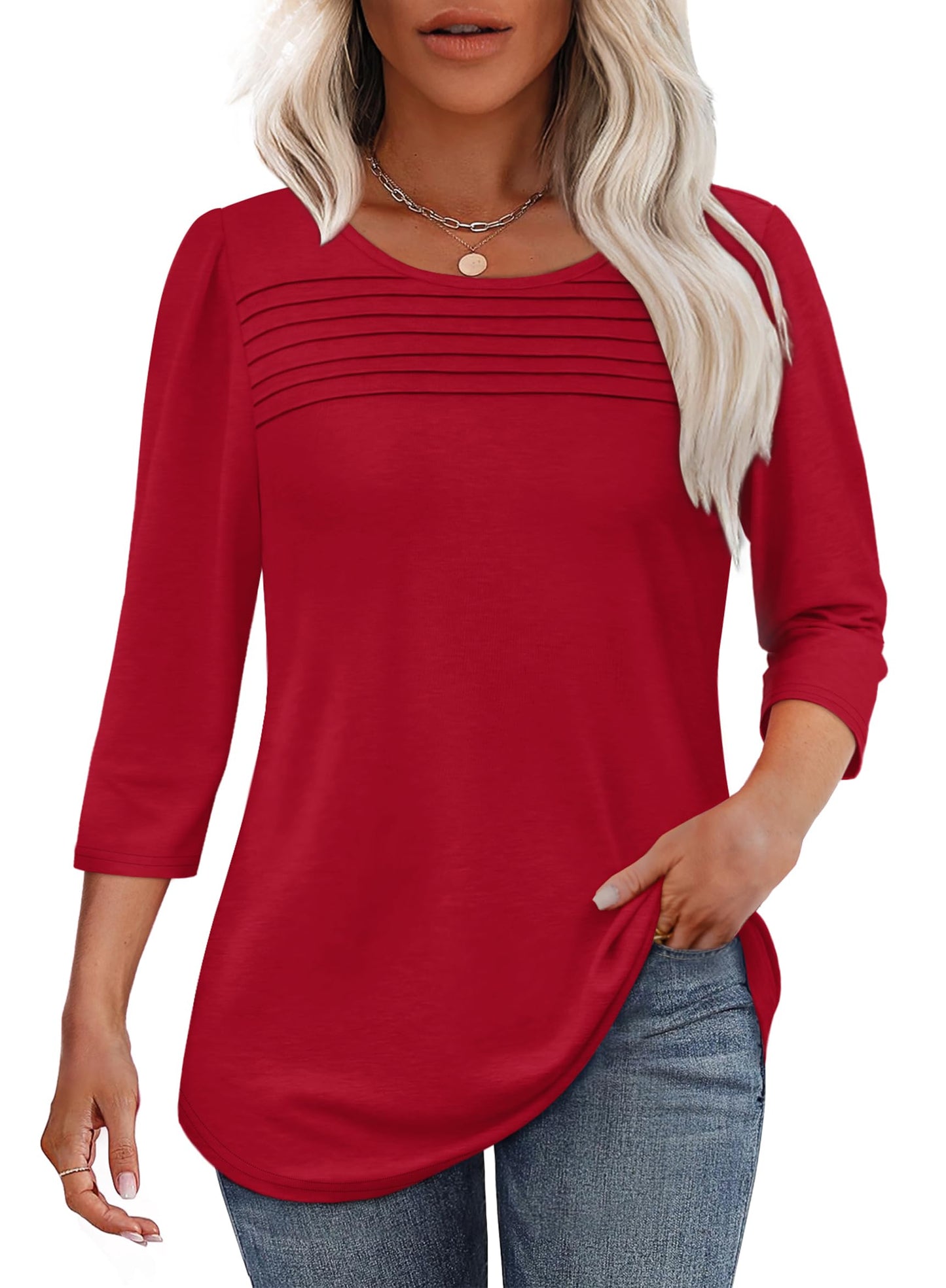 Maglia Donna Manica 3/4 Pieghe Davanti Scollo Arrotondato Orlo Curvo