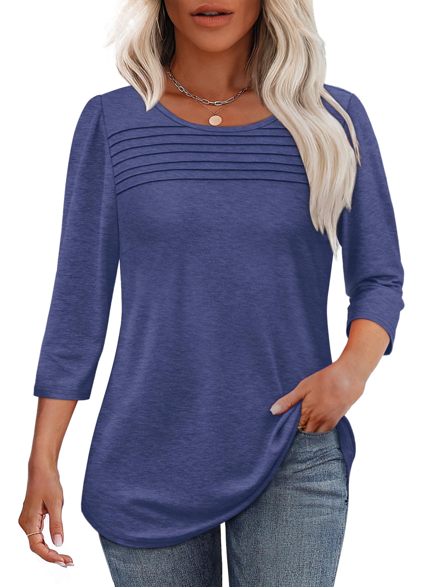 Maglia Donna Manica 3/4 Pieghe Davanti Scollo Arrotondato Orlo Curvo