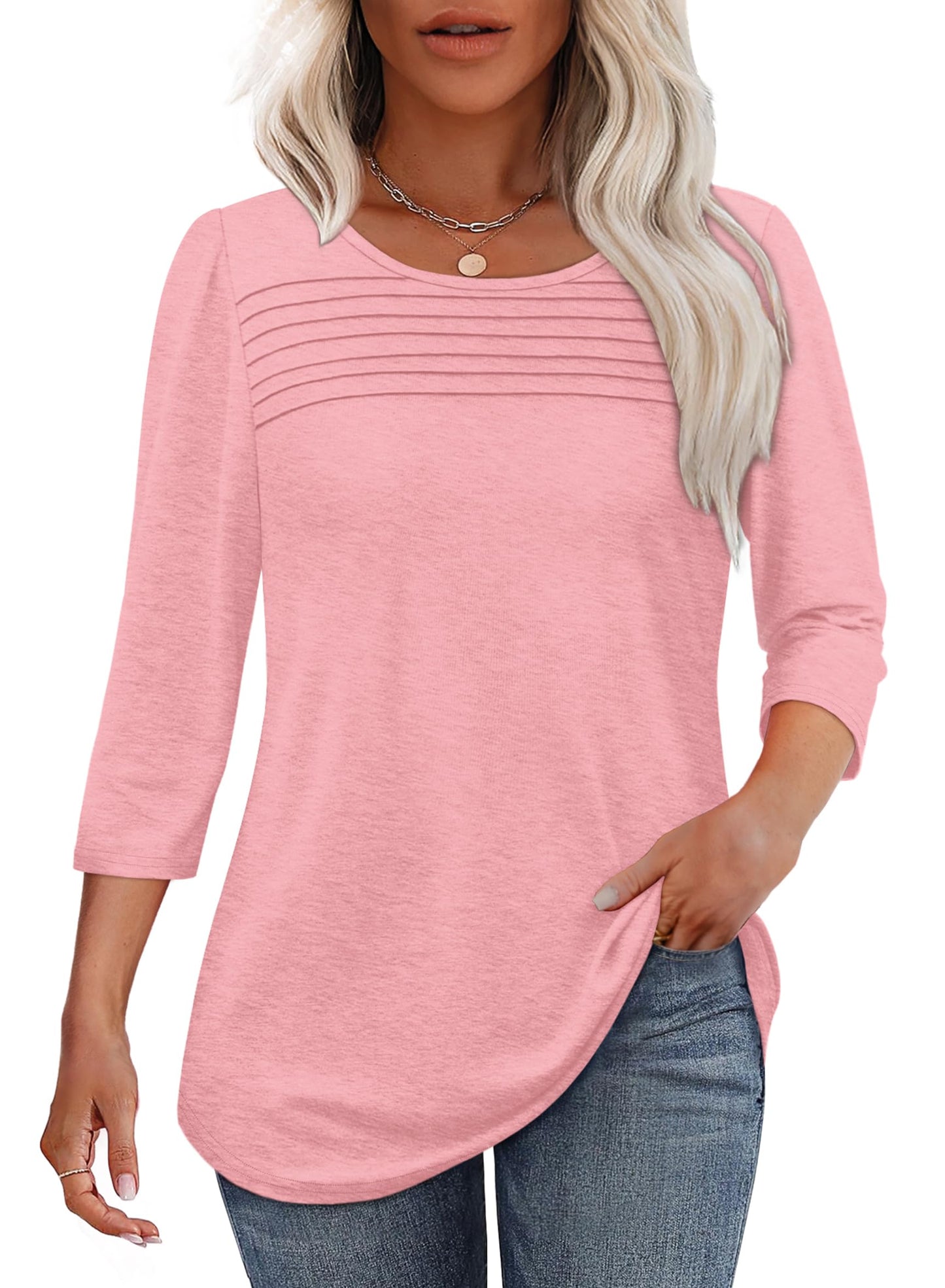 Maglia Donna Manica 3/4 Pieghe Davanti Scollo Arrotondato Orlo Curvo