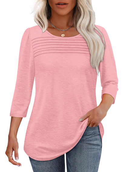 Maglia Donna Manica 3/4 Pieghe Davanti Scollo Arrotondato Orlo Curvo