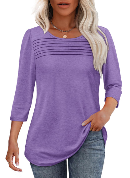 Maglia Donna Manica 3/4 Pieghe Davanti Scollo Arrotondato Orlo Curvo