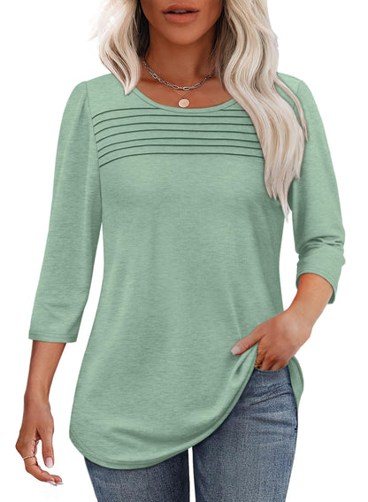 Maglia Donna Manica 3/4 Pieghe Davanti Scollo Arrotondato Orlo Curvo