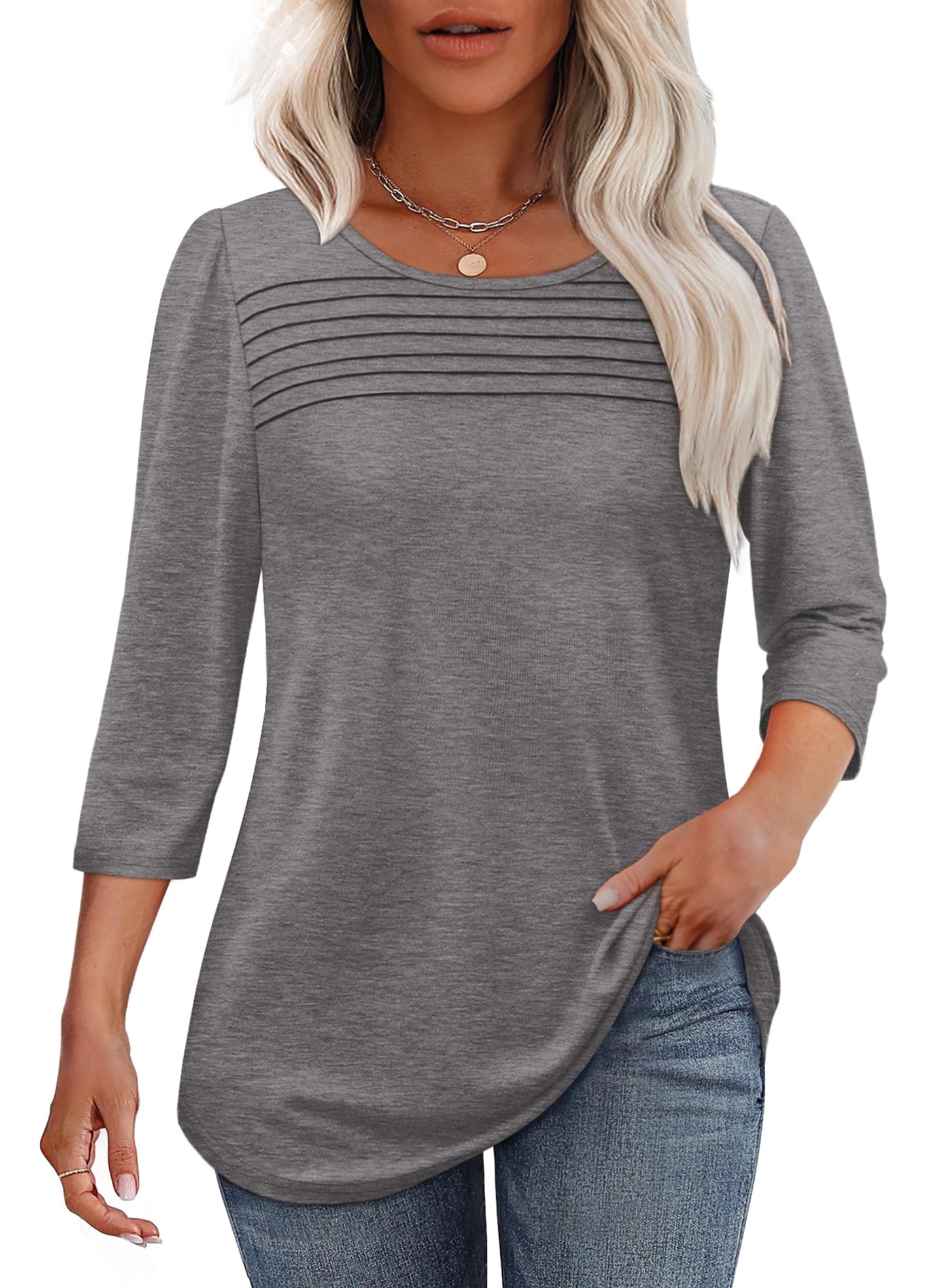 Maglia Donna Manica 3/4 Pieghe Davanti Scollo Arrotondato Orlo Curvo