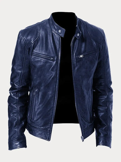 Giacca in pelle blu scuro da uomo, stile motociclista, con zip frontale e tasche, colletto alla coreana. Elegante e moderna, perfetta per l'autunno.