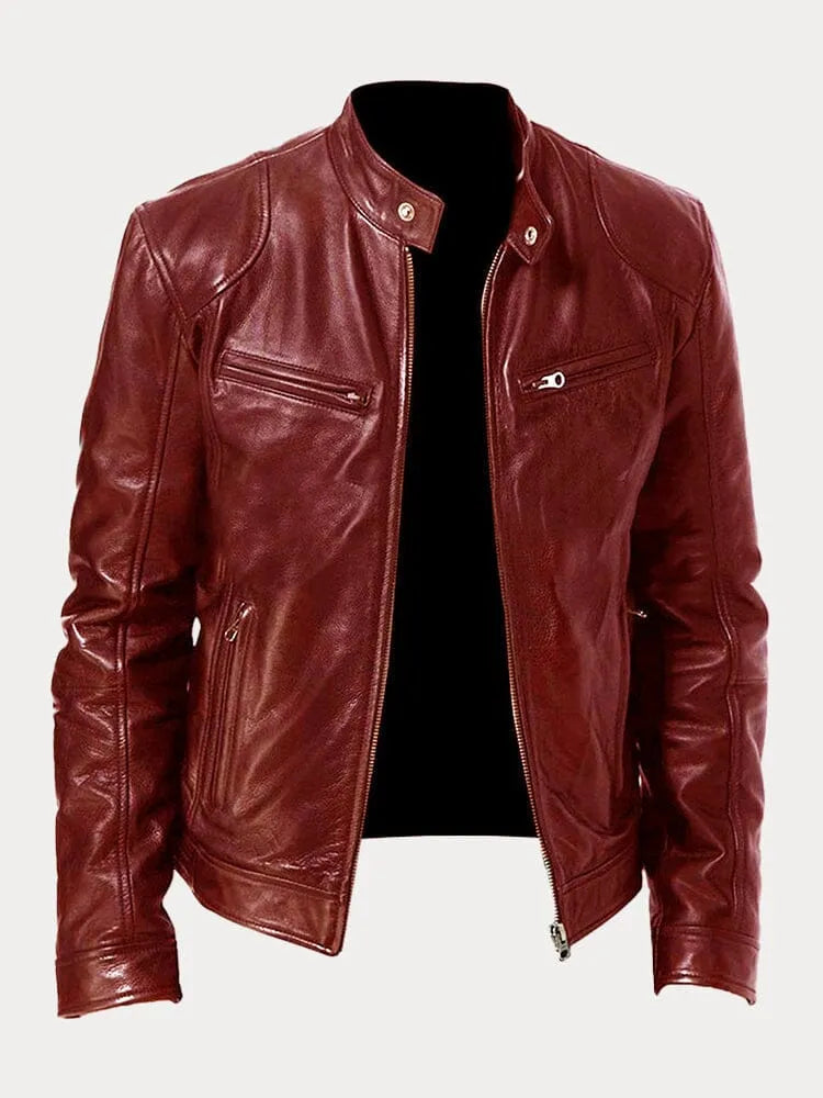 Giacca in pelle rossa da uomo, stile motociclista, con zip frontale e tasche, design moderno ed elegante, perfetta per look casual e urbani.
