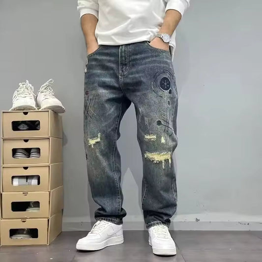 Men's Comfortable Fit Jeans with Distressed Details and Decorative Stitching