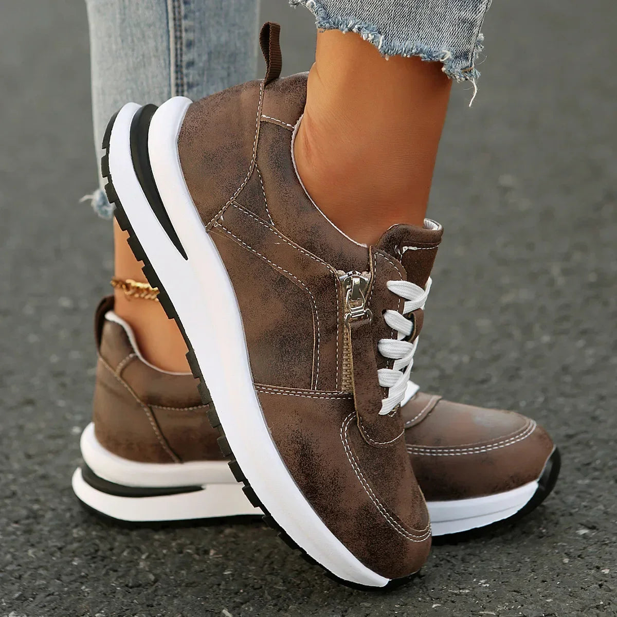 Women's Platform Sneakers with Laces and Side Zipper – Supportive Sole