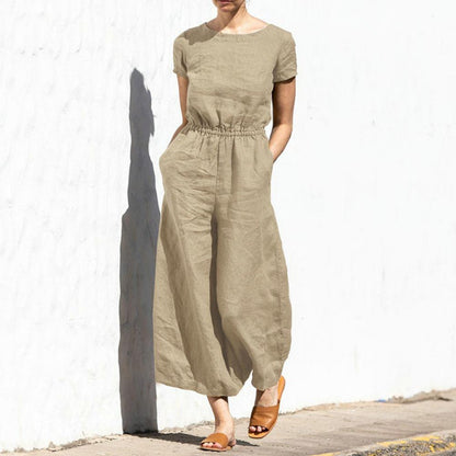 Women's Summer Jumpsuit with Wide Legs and Solid Color Crew Neck