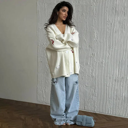 Cardigan Donna in Maglia con Motivo Bassotto e Maniche Lunghe – Stile Versatile
