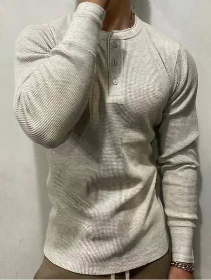 Herre langærmet T-shirt med Henry-krave, bikagemønstret stof, slim fit