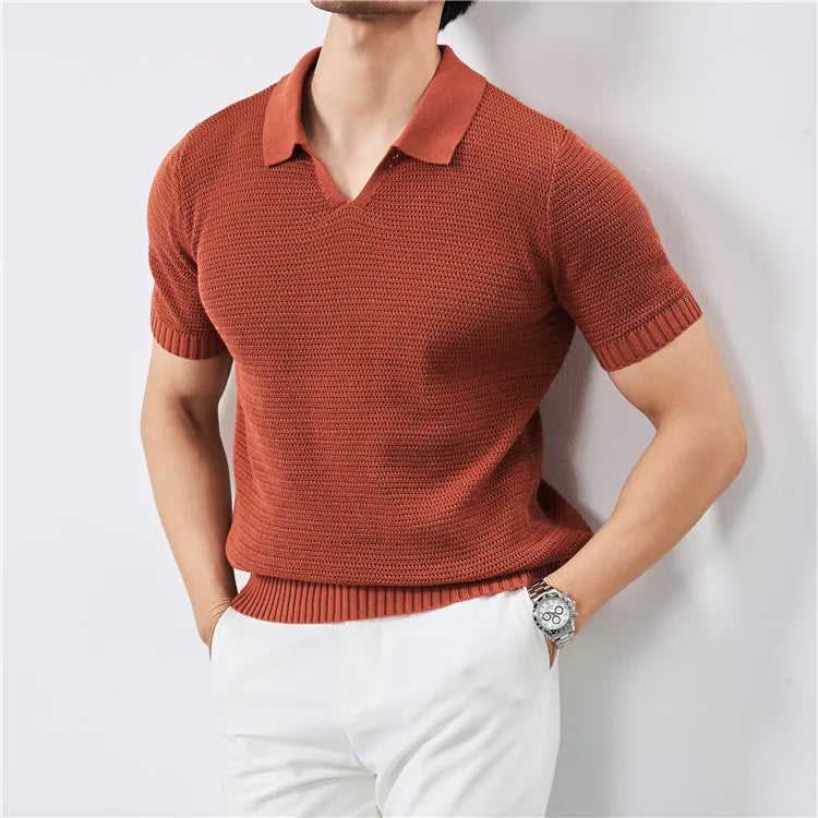 Men's Summer Polo with V-Neck and Elastic Hem