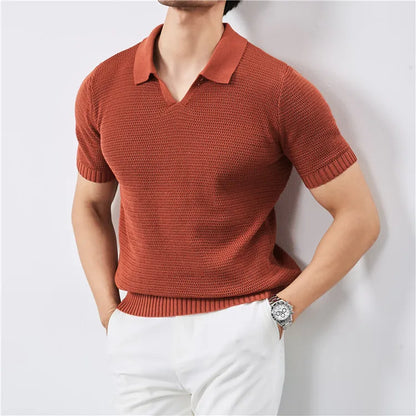 Men's Summer Polo with V-Neck and Elastic Hem