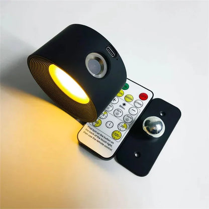 Lampada LED nera con telecomando, luce calda regolabile, design moderno, montaggio a parete, ideale per illuminazione interna ed esterna.