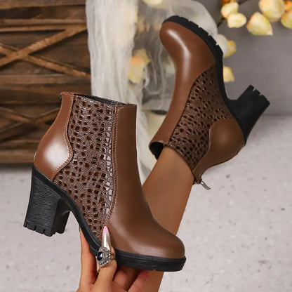 Women's Ankle Boots with Laser Perforations and Block Heel